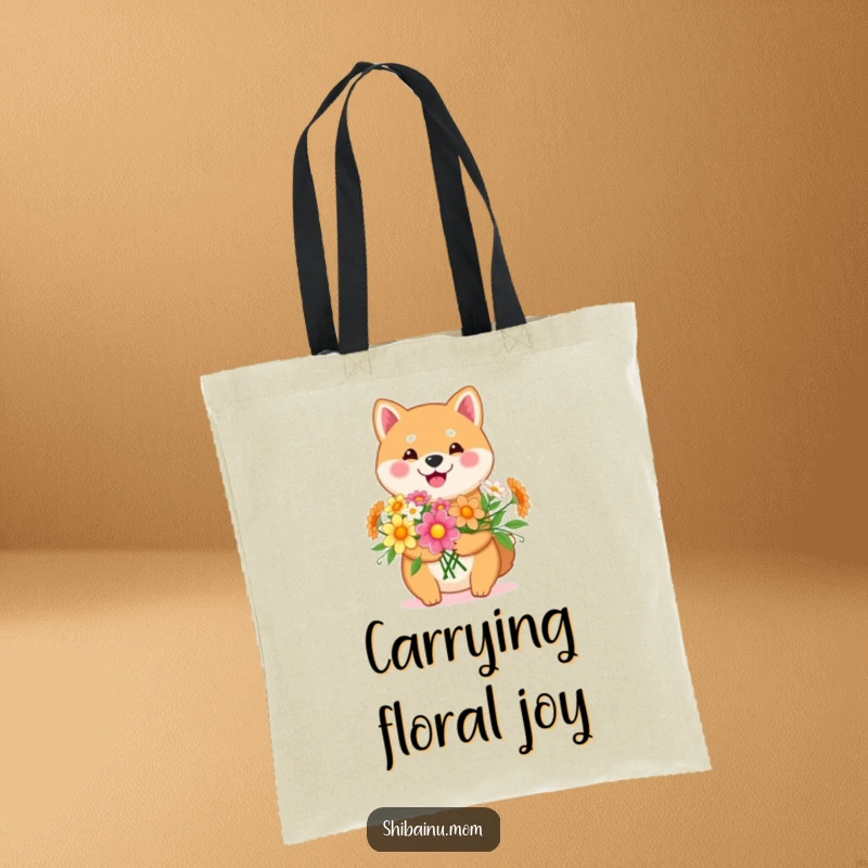 Funny Kawaii Shiba Inu tote bag with a happy dog holding a cheerful bouquet of flowers. Cute and practical, a perfect funny gift.