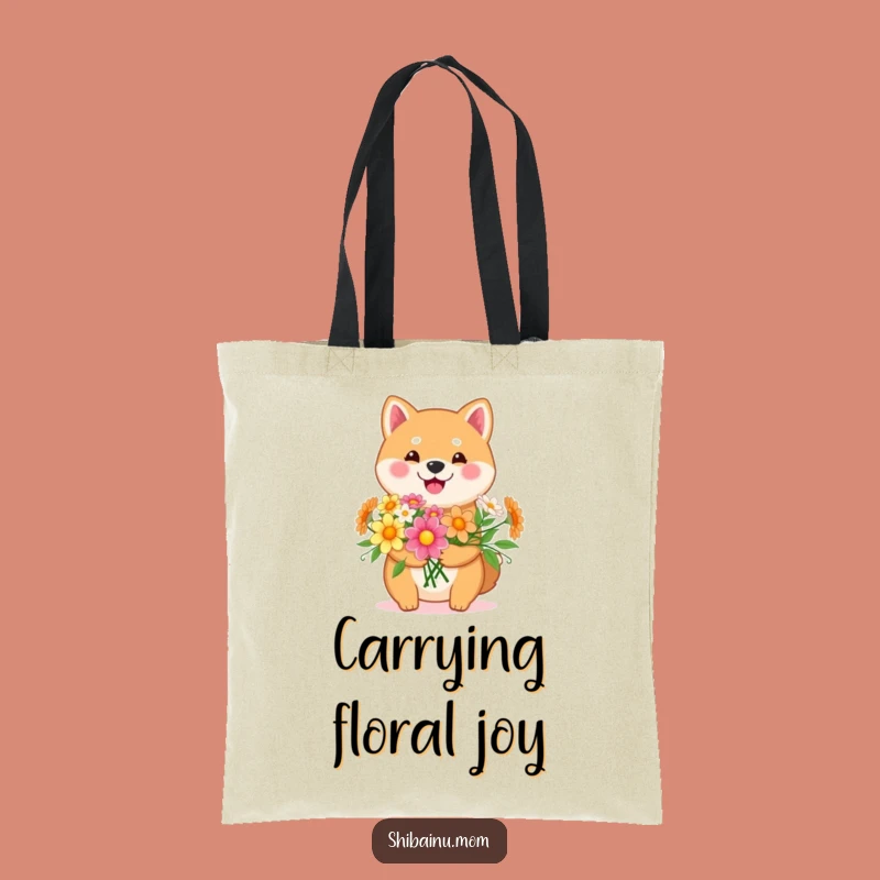 Funny Kawaii Shiba Inu Flower Tote Bag: Happy Pup with Bouquet for Gifting!
