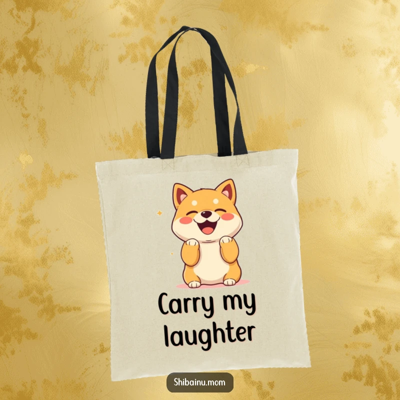 Funny Kawaii Shiba Inu Tote Bag with paws up, laughing heartily, a humorous carry-all.