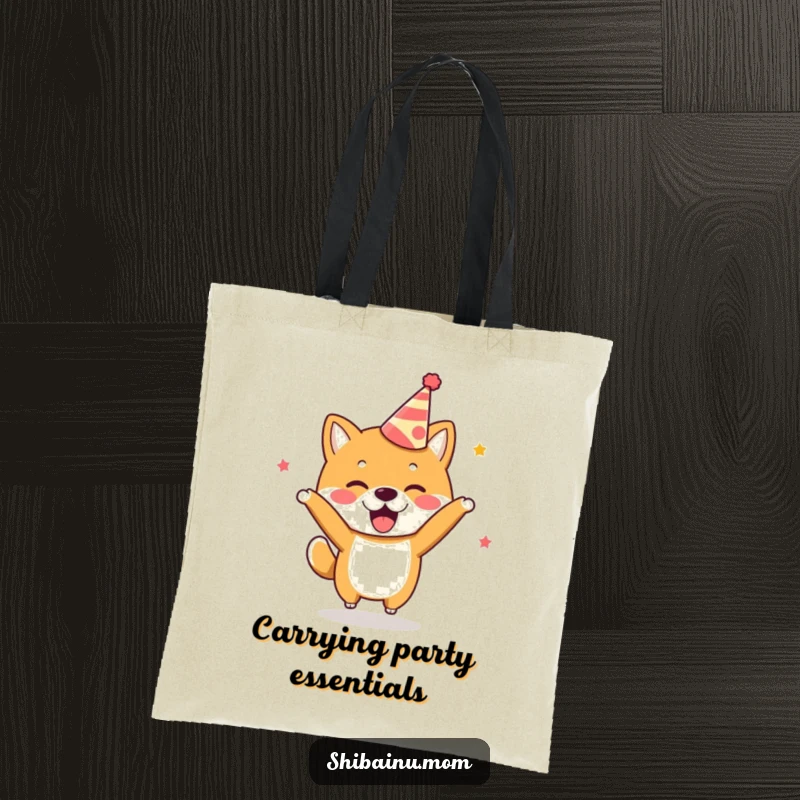 Funny Kawaii Shiba Inu Tote Bag with a party hat, bouncing with excitement, a festive carry-all.