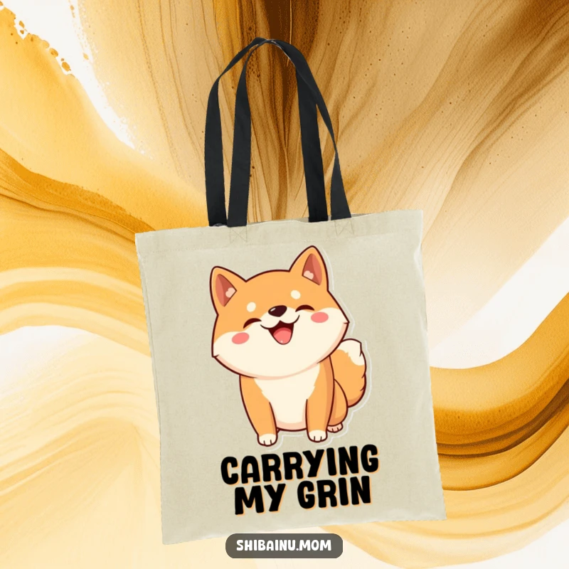 Funny Kawaii Shiba Inu tote bag showcasing a dog with a wide, silly grin in a fun, playful pose, perfect for errands.