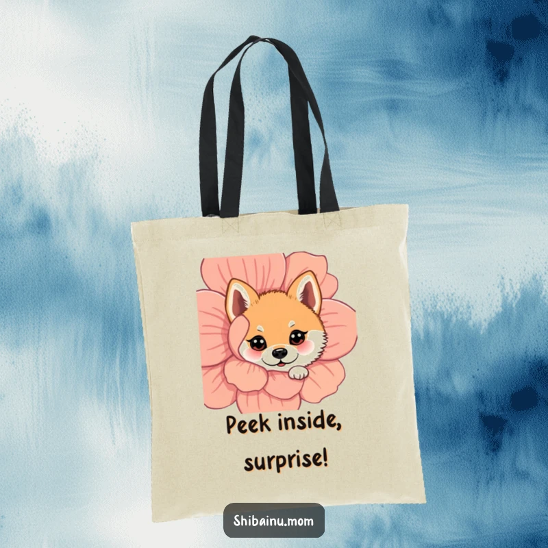 Funny Shiba Inu tote bag depicting a dog peeking with wide eyes from behind a large flower, perfect for carrying treasures.