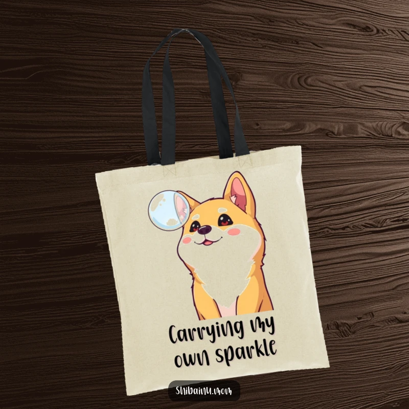 Funny Shiba Inu tote bag, a curious dog looks up at a floating bubble, symbolizing cheerful exploration and everyday joy.