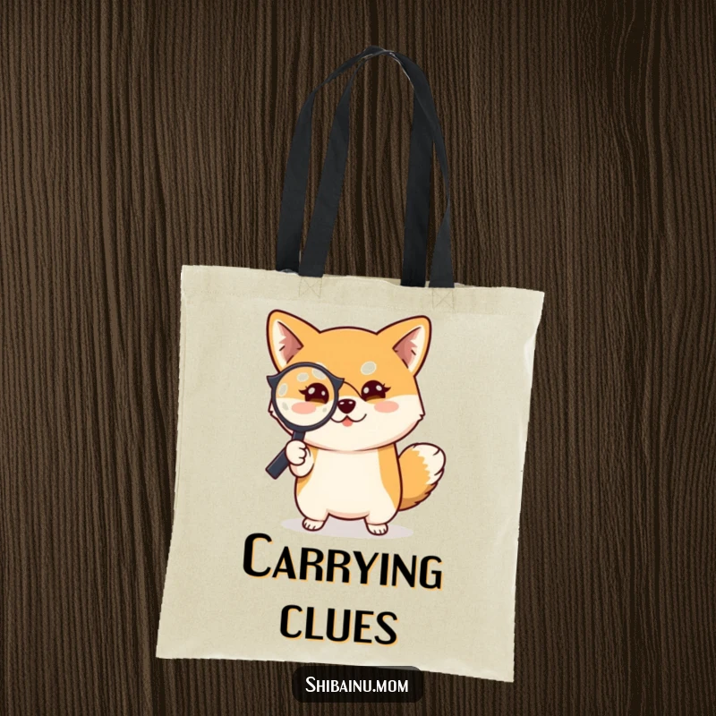 Funny Shiba Inu dog tote bag, showing a Shiba Inu using a magnifying glass with a mischievous grin, perfect for organized adventures.