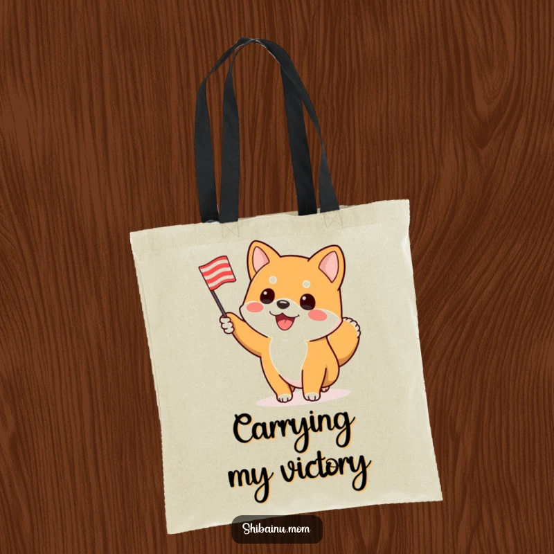 Funny Shiba Inu tote bag, a dog enthusiastically waves a flag, symbolizing cheerful support and portable enthusiasm.