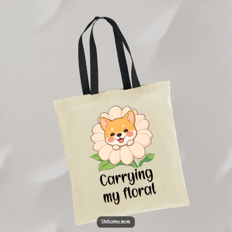 Funny Shiba Inu peeking tote bag, a cute dog peeks from a large, happy flower, perfect for stylish and humorous carrying.