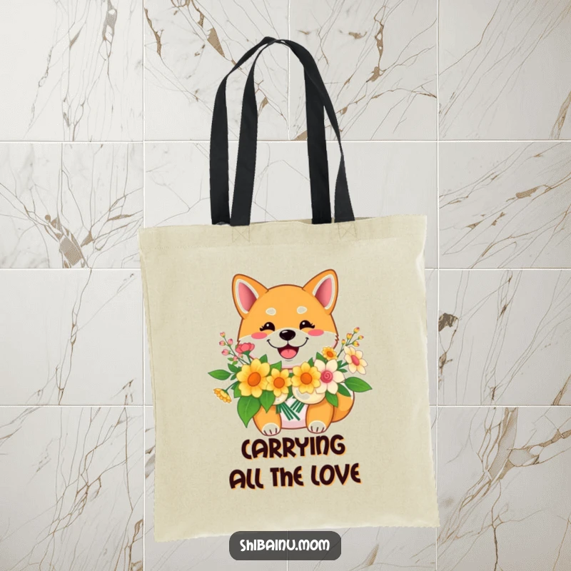 Funny Shiba Inu tote bag, a smiling dog holds a flower bouquet, symbolizing cheerful errands and portable happiness.