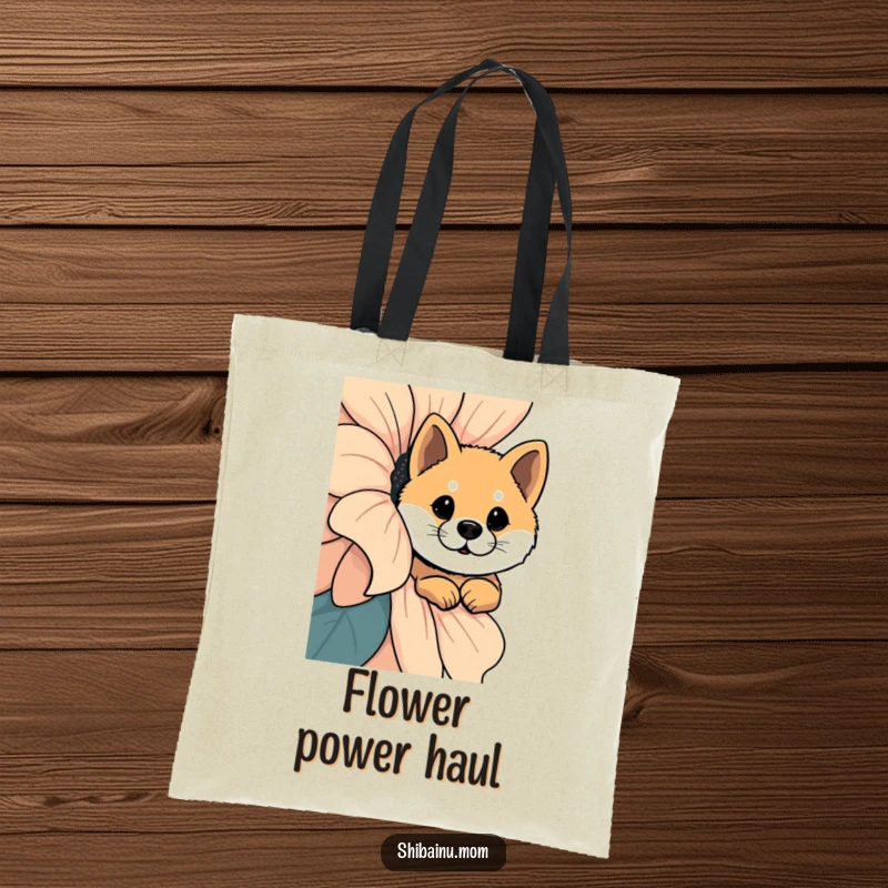 Funny Shiba Inu Tote Bag: A Shiba Inu curiously peeks from behind a giant flower, a design full of gentle wonder.