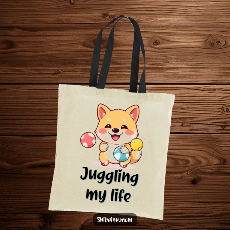Funny Shiba Inu Tote Bag: A happy Shiba Inu juggles three colorful balls, showcasing skill and cheerful amusement.