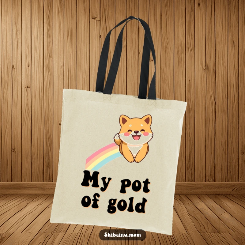 Funny Shiba Inu Tote Bag: A Shiba Inu with a wide smile slides down a rainbow, carrying pure joy and whimsy.
