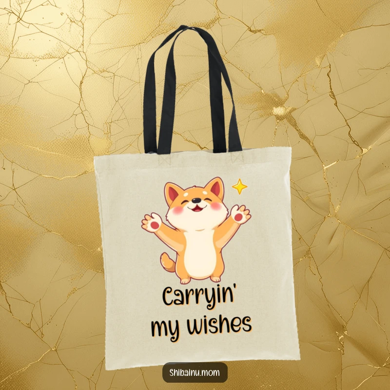 Funny Shiba Inu tote bag with paws outstretched, attempting to catch a falling star, ideal for carrying wishes and essentials.