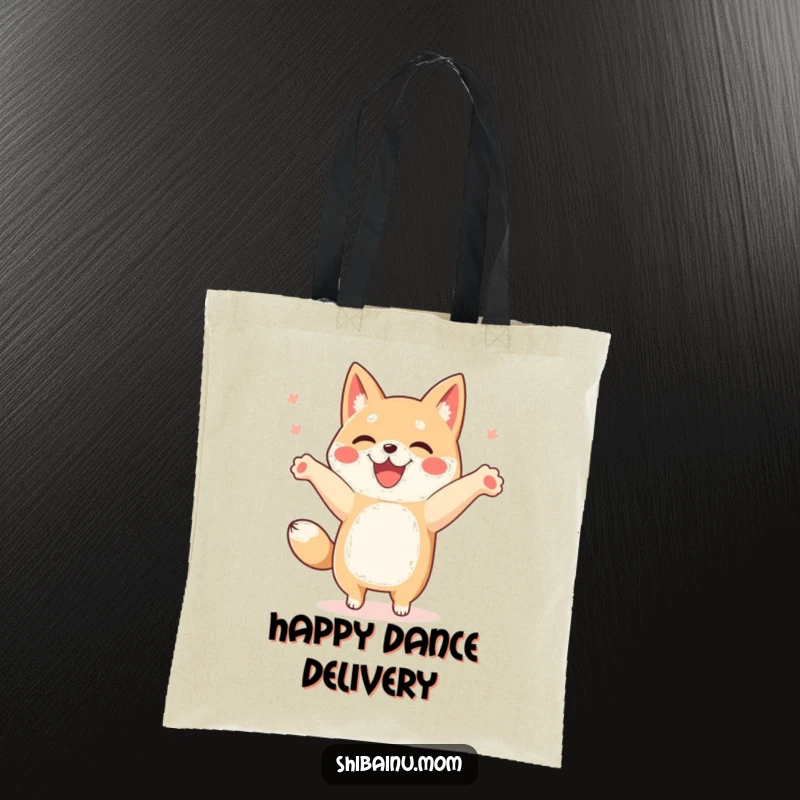 Funny Shibainu tote bag showing a dog doing a happy dance with paws in the air, perfect for cheerful shoppers.