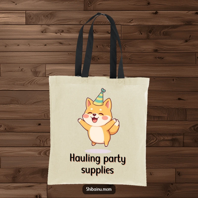 Funny Shiba Inu Tote Bag: A Shiba Inu wearing a party hat is captured mid-jump, radiating pure, uncontainable joy.