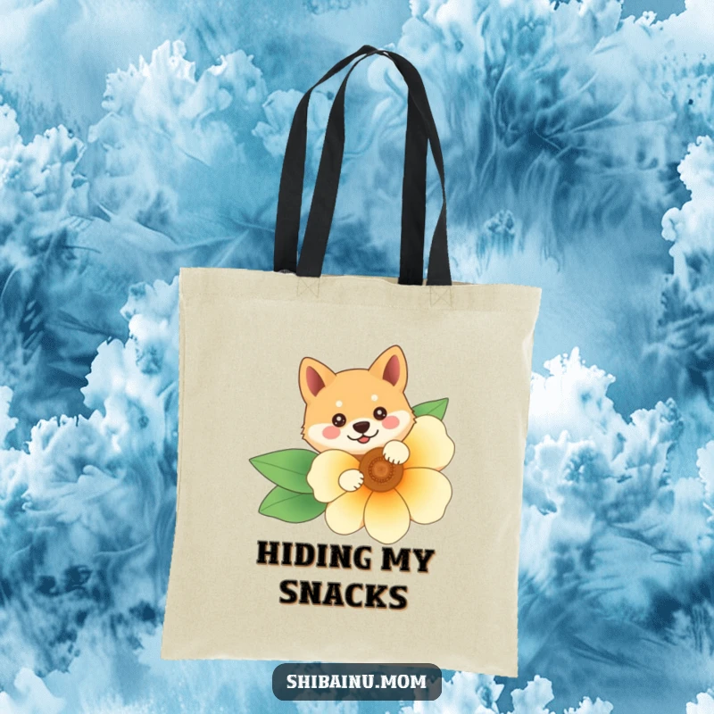 Funny Shiba Inu tote bag with the character peeking from behind a large, bright flower, perfect for stylish and humorous everyday use.