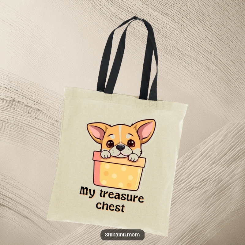 Funny Dog Tote Bag: Adorable puppy with alert ears peeking out from a colorful gift box, ready for adventure.