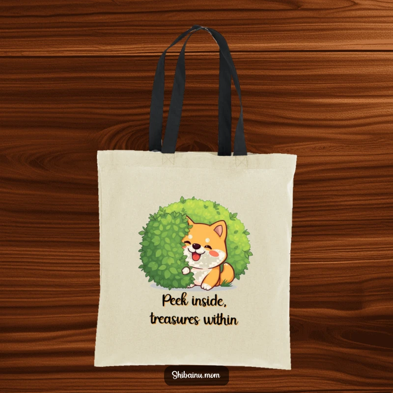 Funny Kawaii Shiba Inu tote bag with a giggling dog peeking playfully from behind a bush. Cute and functional, a perfect funny gift.