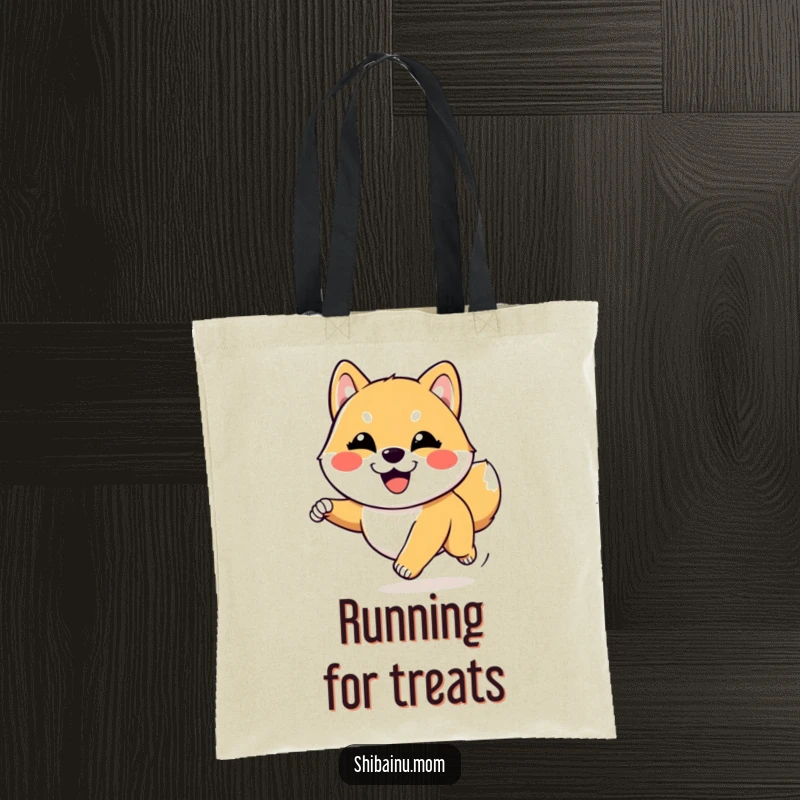 Funny Kawaii Shiba Inu tote bag with a goofy dog running joyfully. Practical and cheerful, a perfect funny gift for anyone.