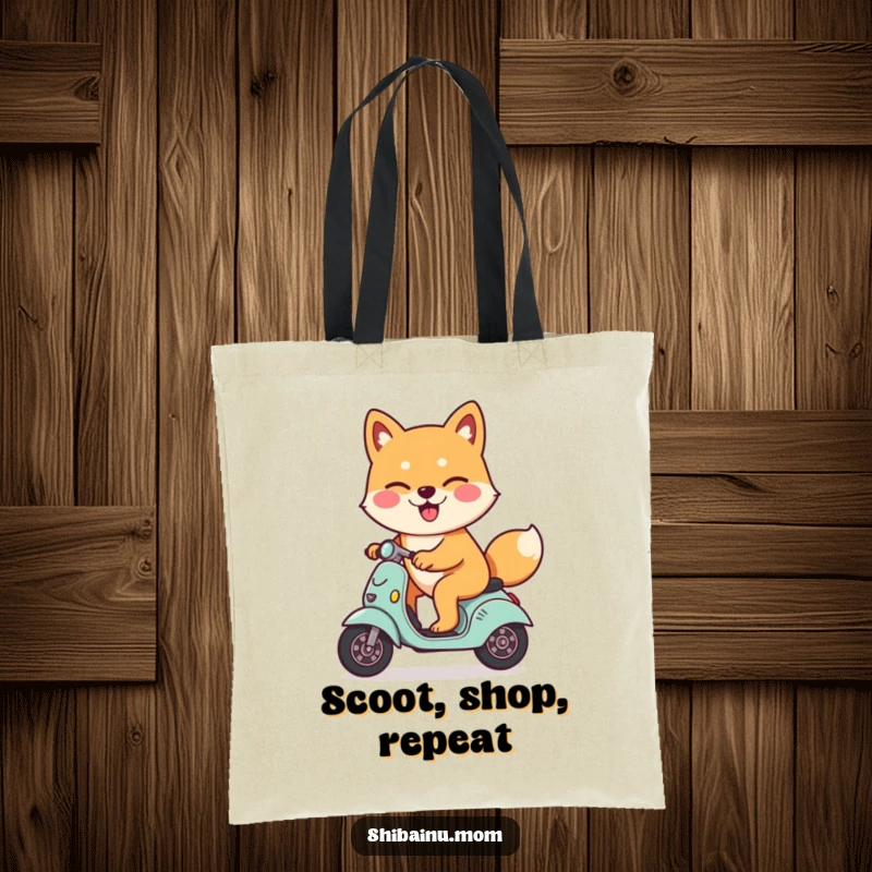 Funny Shiba Inu dog tote bag, winking, riding a tiny scooter, featuring a happy and cool canine, great for shopping trips.