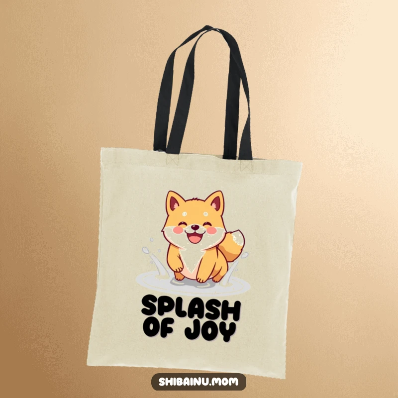 Funny Kawaii Shiba Inu tote bag with a depiction of a gleeful doggle joyfully splashing in a puddle, sporting a huge smile.